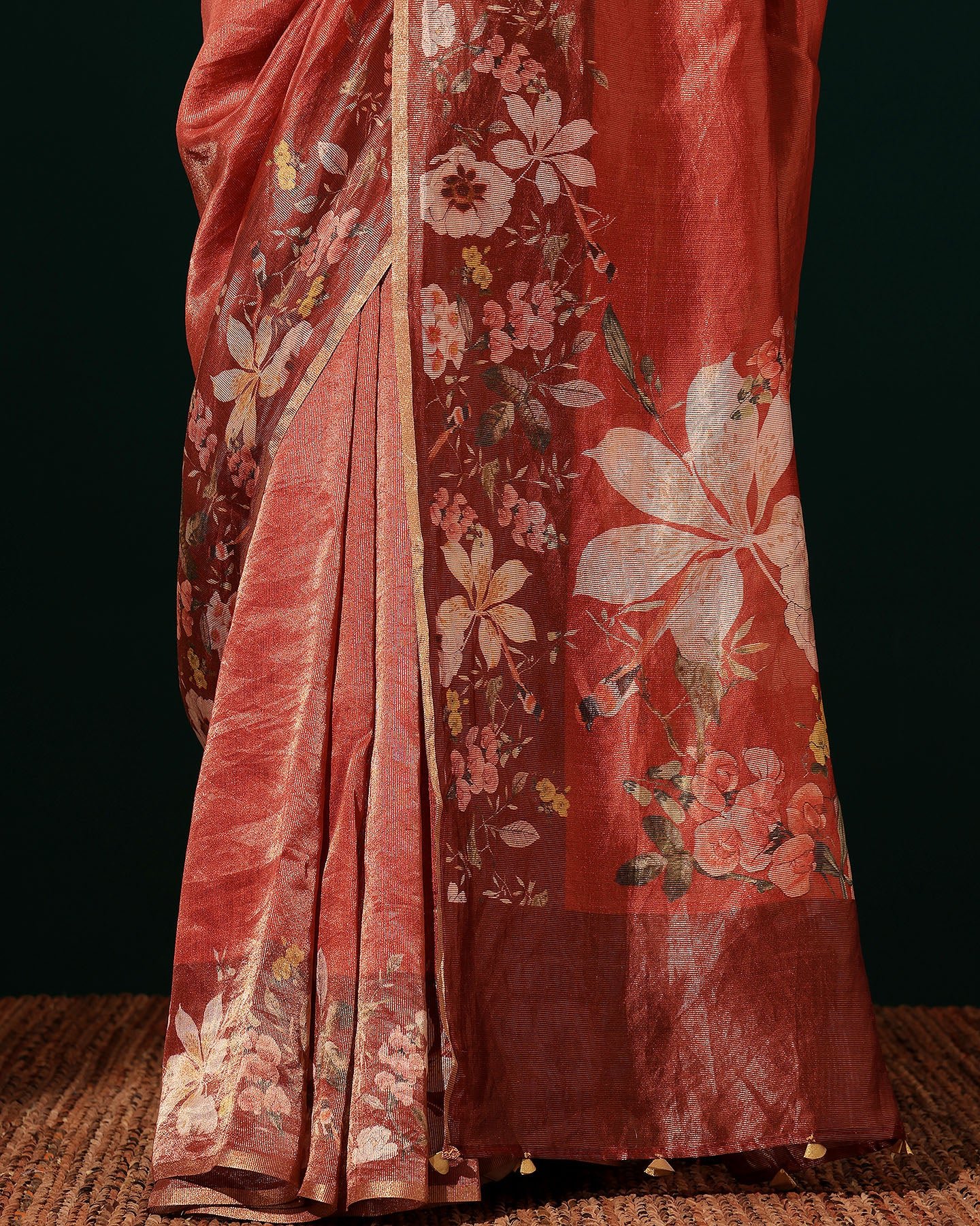 A red-striped silk saree typically features bold - Image 5