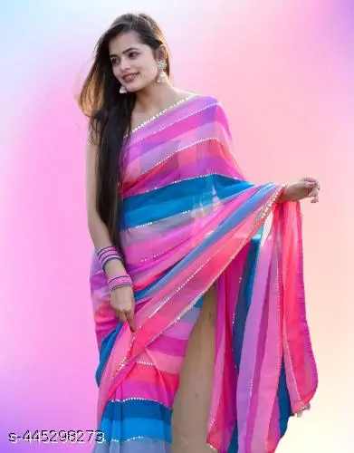 Trendy New Women's Digital Printed Pure Georgette Solid Colourblock Saree with Blouse Piece - Image 4