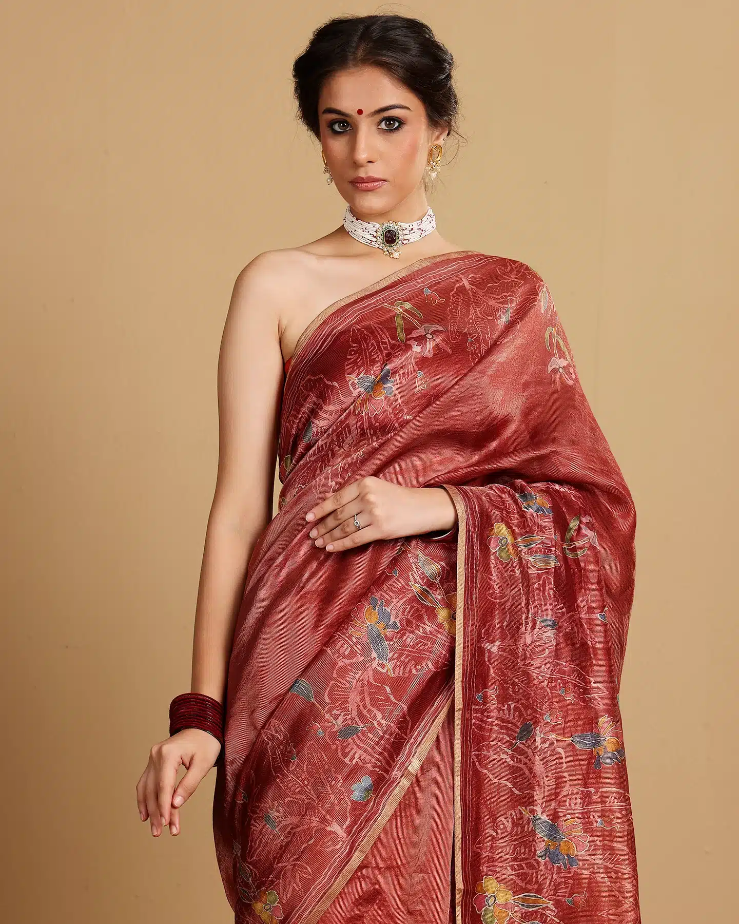 RED TISSUE STRIPES SILK SAREE - Image 5