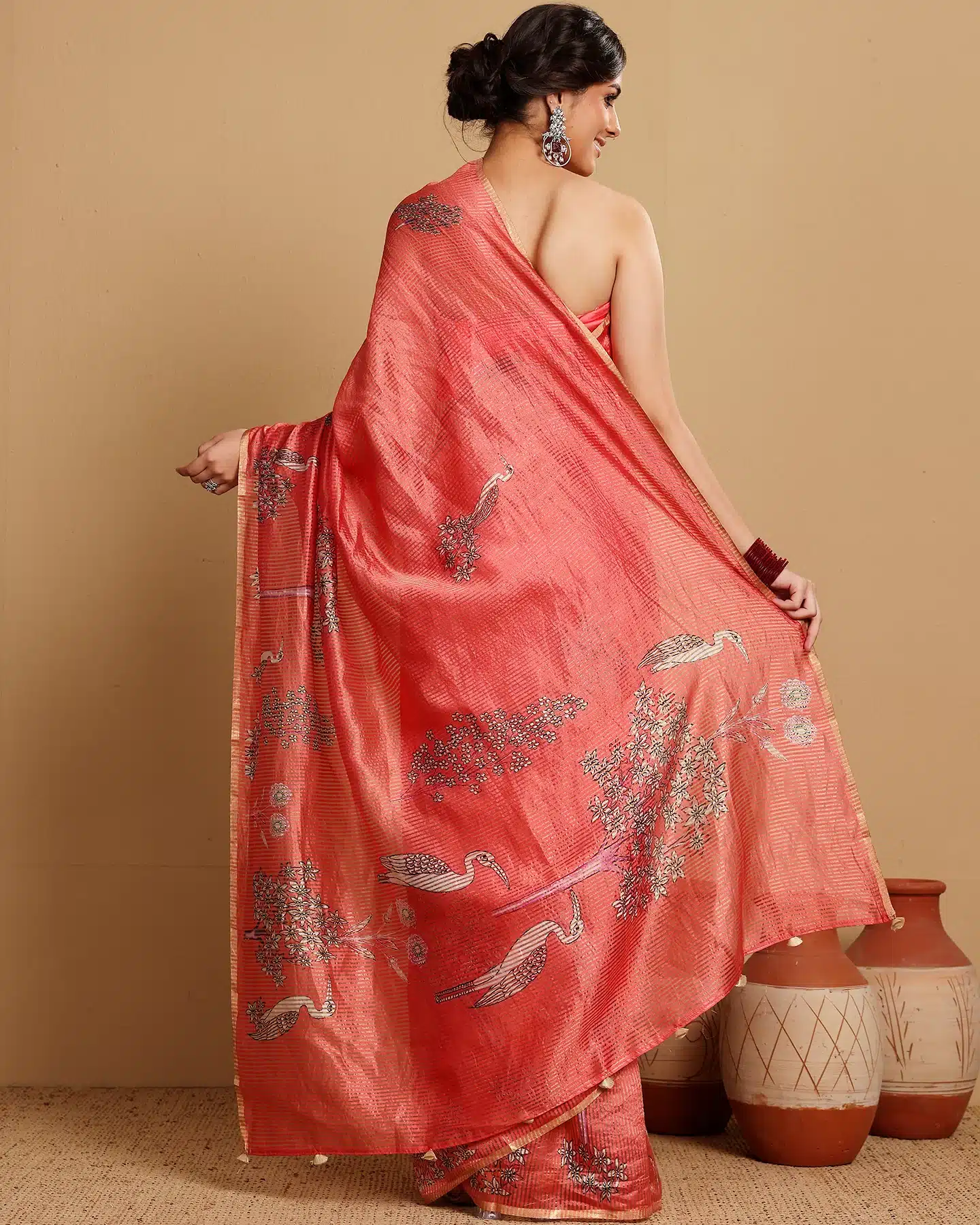 KATAN TISSUE STRIPES CRIMSON SAREE - Image 4