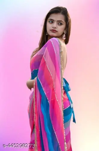 Trendy New Women's Digital Printed Pure Georgette Solid Colourblock Saree with Blouse Piece - Image 3