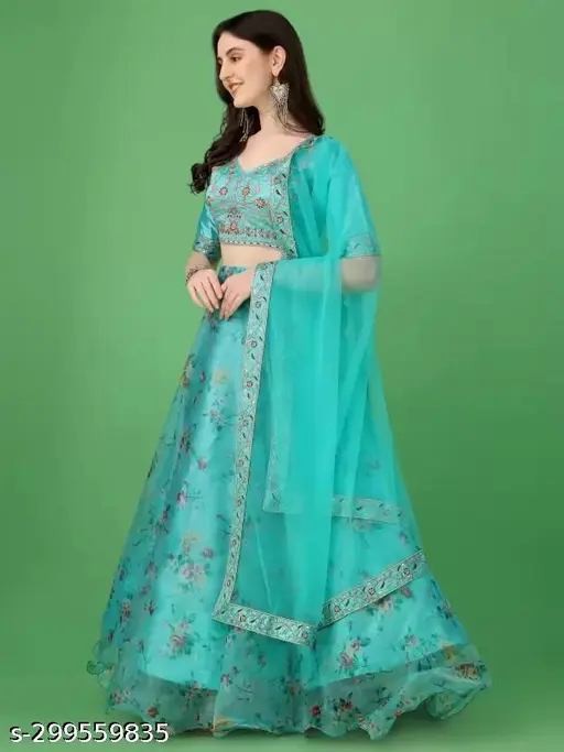 Embroidered Semi Stitched Lehenga Choli (Light Blue) - Image 2