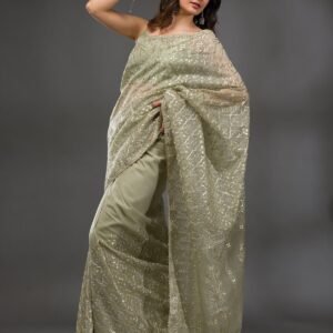 Pista Green Stonework Crepe Designer Saree