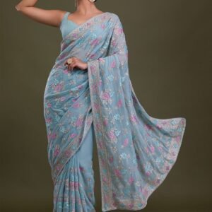 Sky Blue Zariwork Georgette Saree